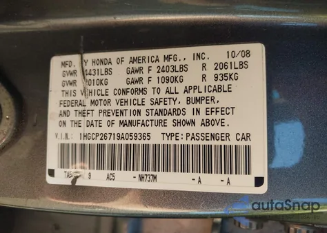 2009 Honda Accord 2.4 Ex из США, поврежденный, VIN 1HGCP26719A059365